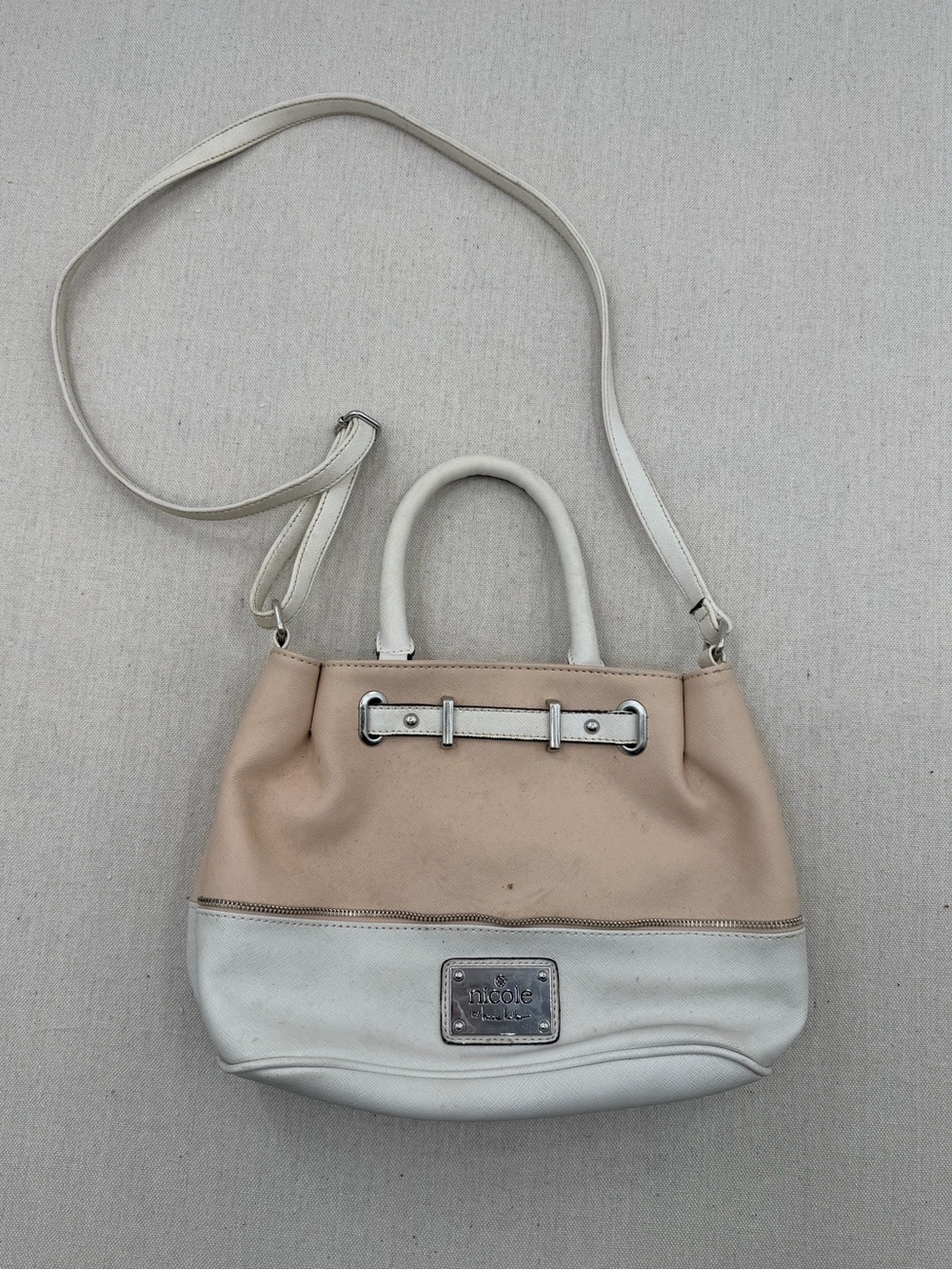 Nicole Miller Beige and White Leather Satchel with Long Strap